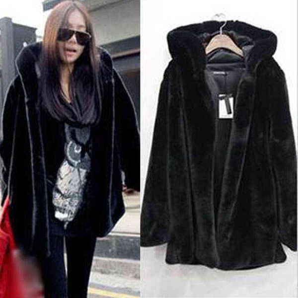 

winter women warm faux fur coat jacket black fluffy warm hooded outerwear casual long sleeve luxury female fur plush coats l220714
