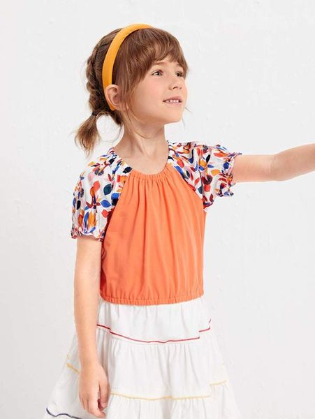 

toddler girls leaf print elastic hem blouse she, White;black