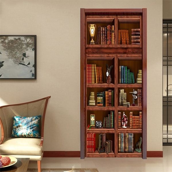 PVC selbstklebende wasserdichte Bücherregal Wandbild Tapete 3D chinesischen Stil Türen Renovierung Aufkleber Wohnzimmer Studie 3D Tür Wandbild T200609