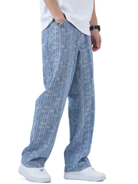 

men paisley pattern straight leg jeans p2cd#, Blue