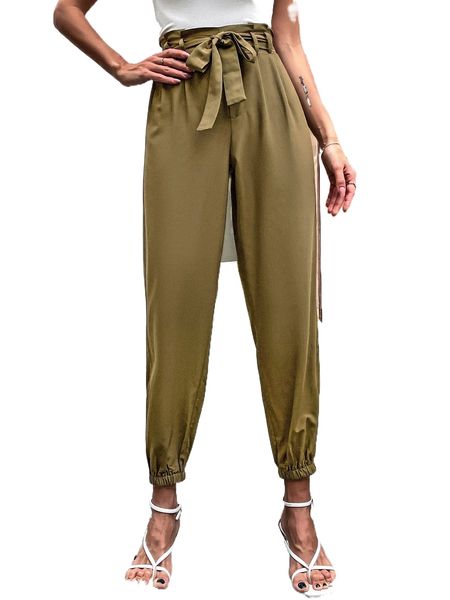 

plicated detail belted tapered pants x2lu#, Black;white