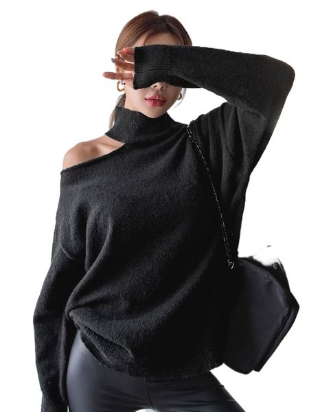 

dazy asymmetrical neck drop shoulder sweater 78eb#, White;black