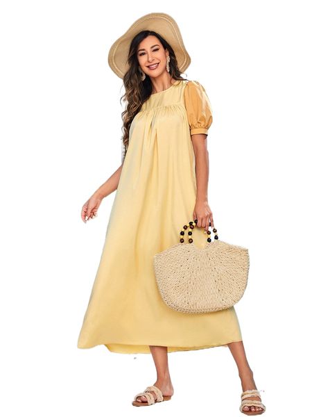 

contrast puff sleeve keyhole back dress d01i#, Black;gray