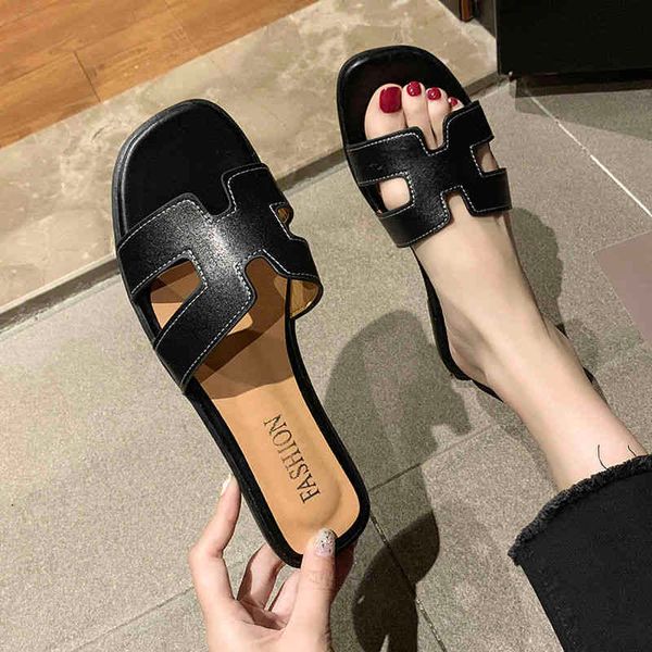 

factory outlet herme slippers h slippers summer fashion wear womens 2022 new korean student flat bottomed beach shoes lil iijkk99, Black