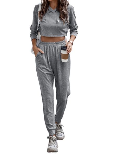 

solid flap detail crop hoodie & sweatpants d1ha#, White