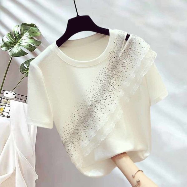 

off-shoulder tshirt ladies loose tees drilling ruffles stitching white t-shirt female 2022 summer new short sleeve tee 0613