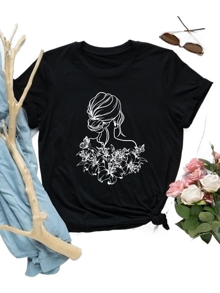 

women's plus size t-shirt floral & figure graphic tee apparel q4wq#, Black