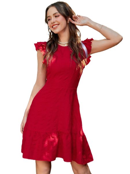 

textured layered sleeve ruffle hem dress 94sk#, Black;gray