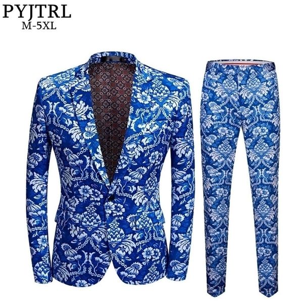 Marca Pyjtrl Mens Mens Vintage Blue Floral Print Slim Fit Suits com calças PLUS TAMANHO 5XL VETE HOMME MARIAGEM FEITO DE CASAMENTO 201106