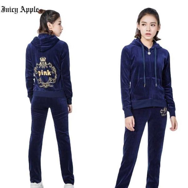

juicy apple tracksuit women winter autumn fashion 2022 embroidery velvet cloth women's suit velor tracksuit sweatshirts & pants, Gray