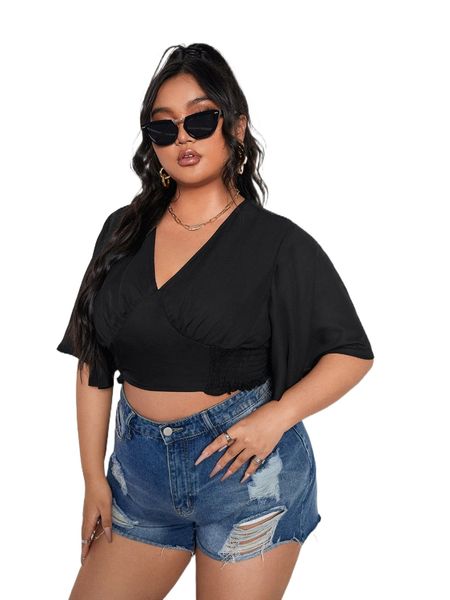 

plus solid ruched bust butterfly sleeve crop blouse j53w#, Black