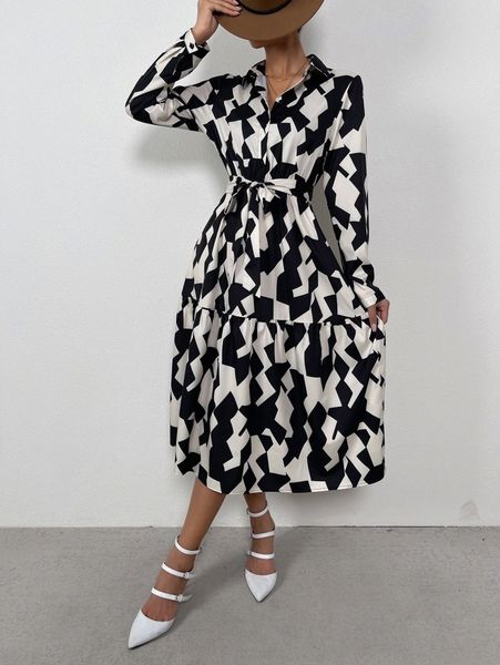 

geo print ruffle hem belted shirt dress 36hc#, Black;gray