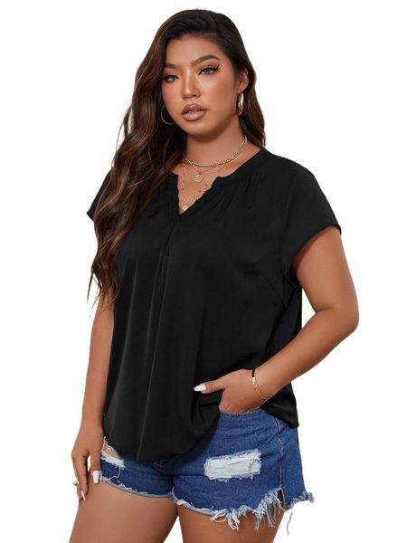 

plus contrast lace notched neckline blouse l8bc#, Black