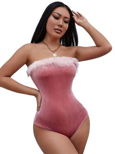 

fuzzy trim velvet tube bodysuit l524#, White