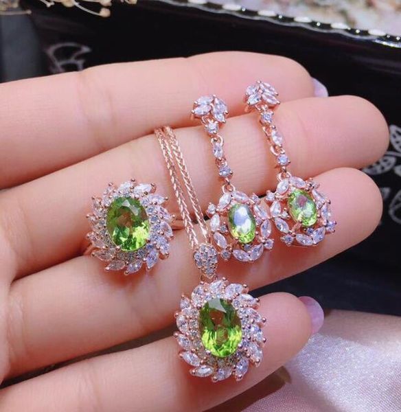 

popular rose colored treasure pendant full of diamonds sapphire chains earrings opening ring olivine set [opening adjustable], Silver