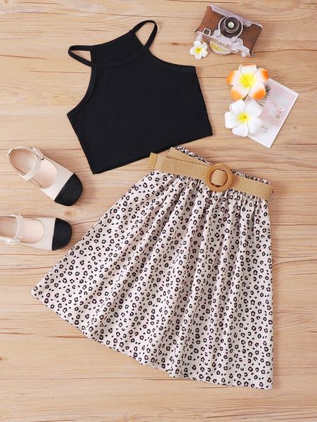 

little girl's neck wrap blouse and leopard belt skirt she, White