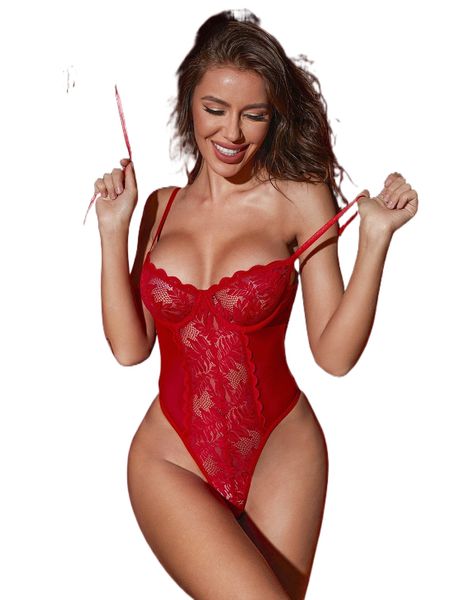

contrast lace scallop trim underwire teddy bodysuit v60m#, Black;red