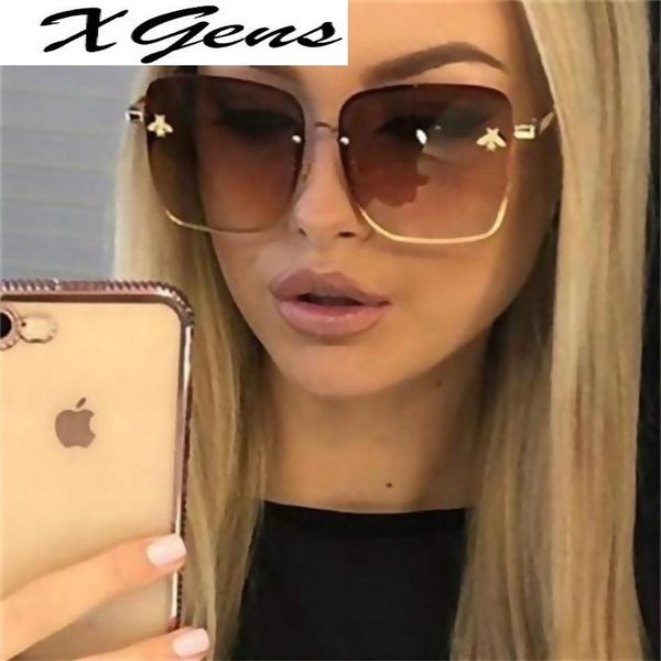 

2021 new fashion lady oversize rimless square bee sunglasses women men small bee glasses gradient sun glasses female uv400313f, White;black