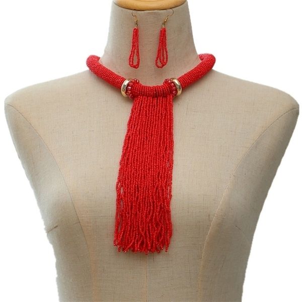 Halsketten-Set für Damen, 2 Stück, lange rote Quasten-Perlen, Schmuck-Sets für Damen, Boho-Zubehör, Mädchen-Geschenke 220812