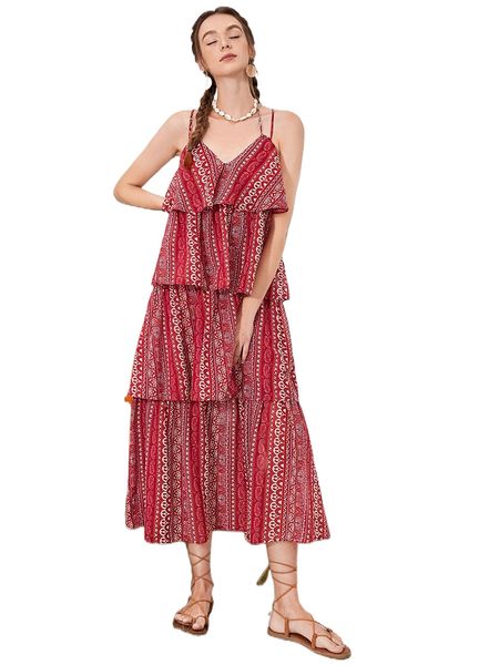 

mod paisley print crisscross tie back layered hem dress a2ef#, Black;gray