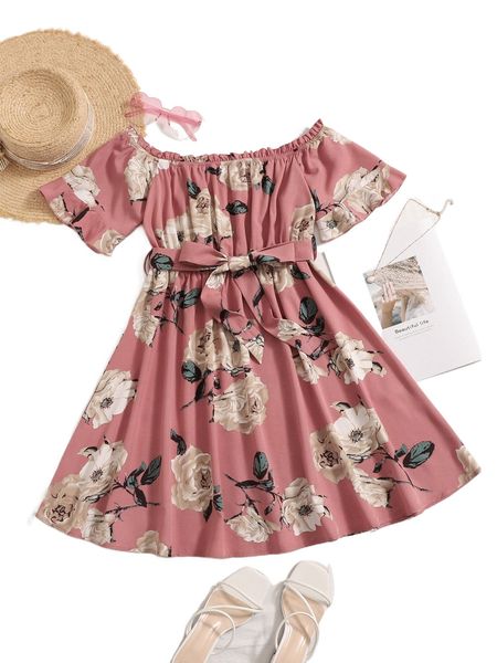 

floral print off shoulder belted dress 20k3#, Black;gray