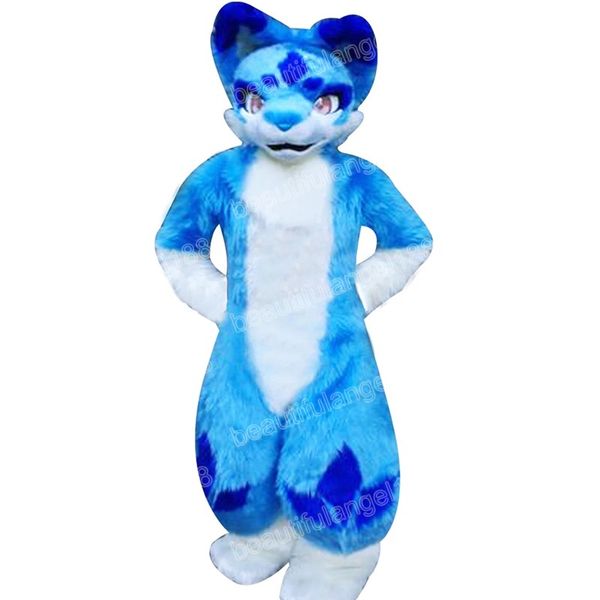 Costumi della mascotte del cane Husky Fox dai capelli lunghi blu di Halloween Coniglietto dei cartoni animati Personaggio a tema Carnevale Unisex Adulti Vestito Vestito da festa di Natale