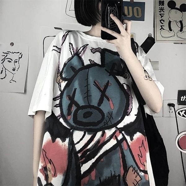 Женщины готические аниме футболка графический медведь футболка с коротким рукавом корейская пастельная гот кавайская одежда Grunge Tops Tee рубашка FEMME 220408
