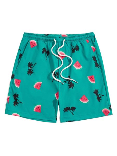 

men watermelon & coconut tree print lounge shorts s8og#, Black;brown