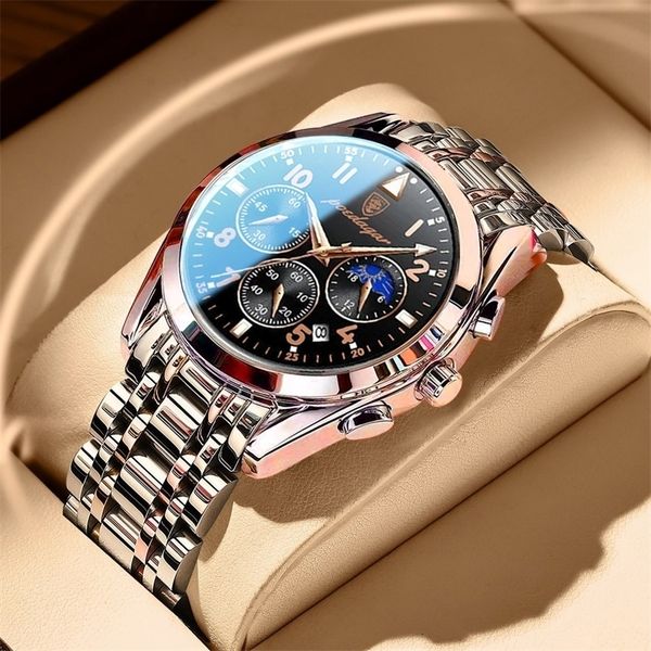 

poedagar men watches stainless steel time chronograph 2022 fashion rose gold wristwatch waterproof luminous quartz watches 220805, Slivery;brown