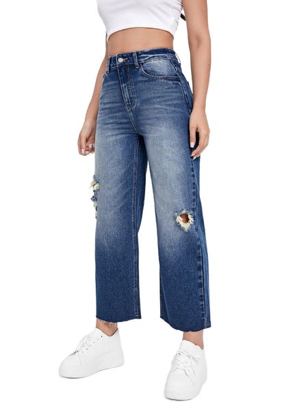 

high waist ripped straight leg jeans z1ys#, Blue