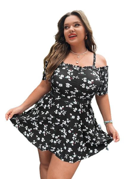 

plus ditsy floral frill trim one piece swimsuit w8wp#, White;black