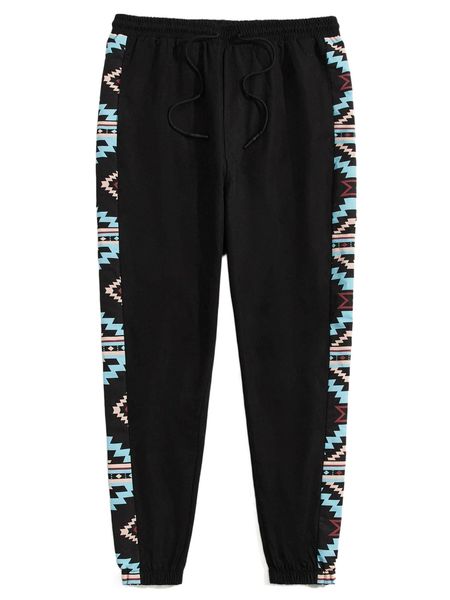 

men drawstring waist geo print pants y9cj#, Black