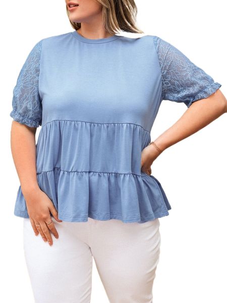 

plus contrast lace sleeve babydoll tee v5qt#, Black