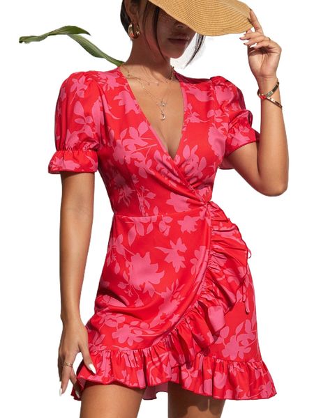 

floral print puff sleeve ruffle trim tie side wrap dress k6vq#, Black;gray