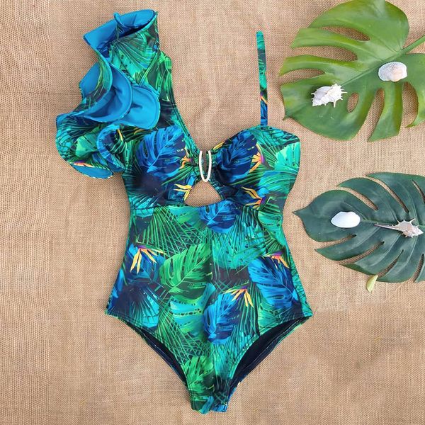 

one shoulder ruffle swimsuit print floral swimwear women swimsuit bathing suit beachwear monokini 220427, White;black
