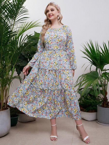 

plus floral print raglan sleeve layered hem dress x1sx#, Black