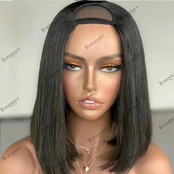 

bob style silky straight remy malaysia human hair u part wig for women easy wear glueless clips in wigs 180 density, Black