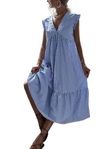 

striped v-neck ruffle hem smock dress 10o5#, Black;gray
