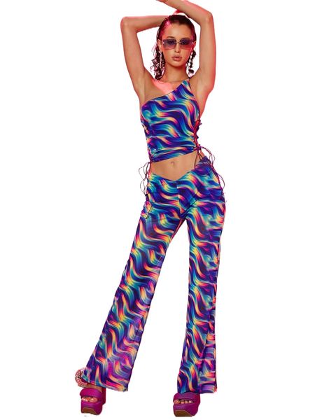 

one-shoulder multi marble lace up and flare pants h4bz#, White