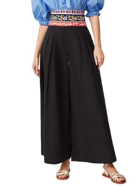

floral print wideband waist fold pleated wide leg pants v4e3#, Black;white