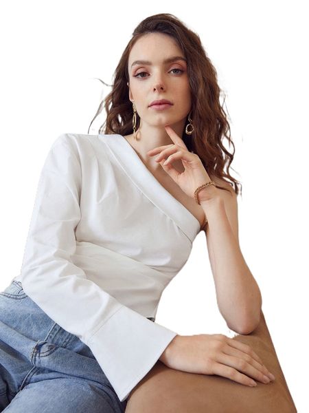 

one shoulder flounce sleeve plicated detail blouse r3sq#, White