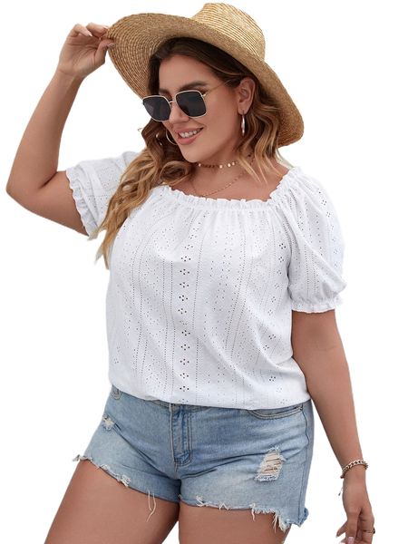 

plus eyelet embroidery puff sleeve tee j8jq#, Black