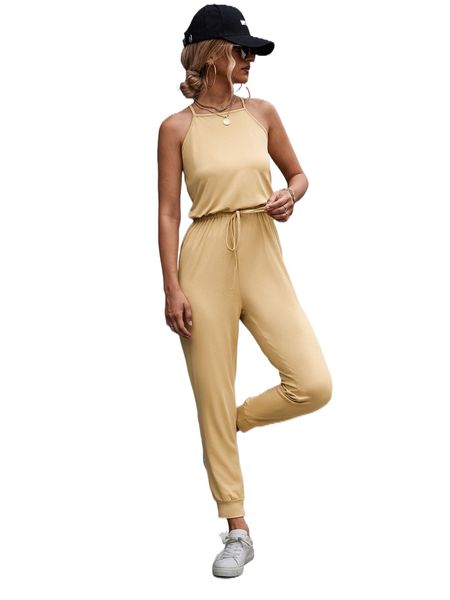 

solid knot button jumpsuit w3uu#, Black;white