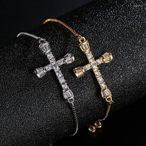 Catena a maglia 2022 Trendy Jesus Cross Bracciale 4mm Oro CZ Perline Braccialetti regolabili fatti a mano per le donne Regali di gioielli da sposa per feste Kent22