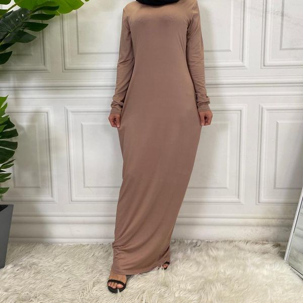 

muslim polyester slip dress summer skirt for ladies inner dresses casual women islamic abaya long sleeve maxi slim dress ethnic, Black;gray
