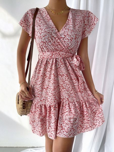 

surplice neck ditsy floral print belted ruffle hem dress p6hw#, Black;gray