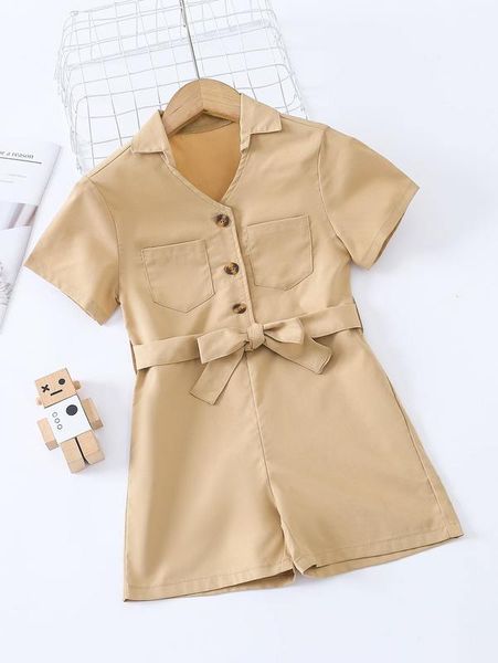 

toddler girls half button dual pockets belted romper she, Blue