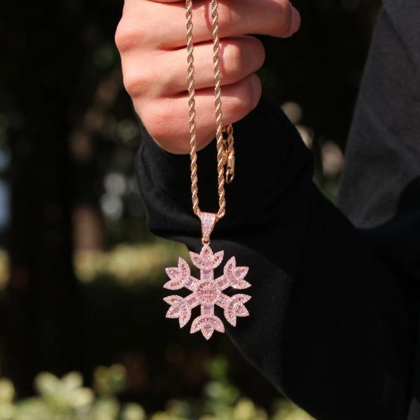 Hanger Kettingen Alle Roze CZ Steen Verharde Bling Iced Out Rose Goud Sneeuwvlok Hangers Ketting Voor Vrouwen Mannen Unisex Hip Hop Rapper SieradenPe