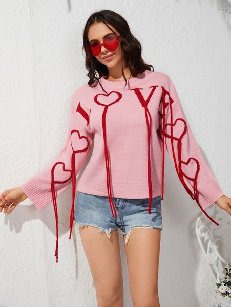 

fringe detail letter and heart pattern sweater 68su#, White;black