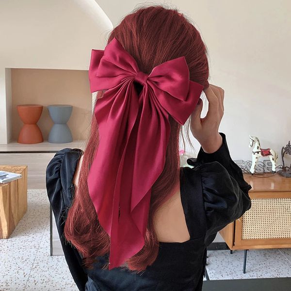 6pcs Yeni Kadınlar Büyük Yaylar Saç Penisi Yaz Şifon Büyük Bowknot Barrettes Kadın Düz Renkli At kuyruğu Klipli Saç Aksesuarları